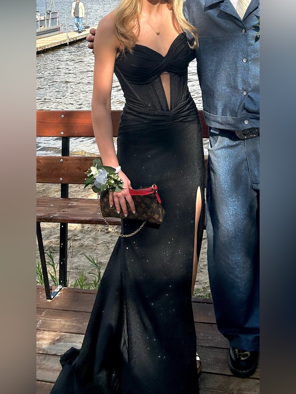 Joseph Ribkoff Black Sparkle Prom Gown with Front Slit ( buy at 1ère avenue )